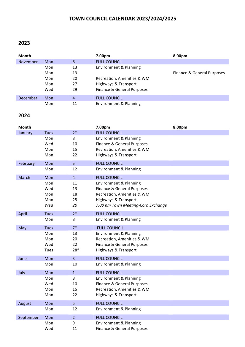Town Council Calendar Nov 2023 - March 2025 DRAFT 2